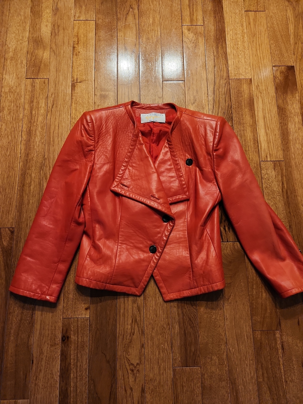 Givenchy Style Red Leather Cropped Jacket Women Size 12 Button Front Vintage